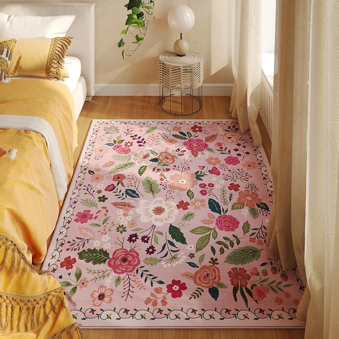 Rugcomf Area Rug 4x6 Rug Washable Boho Rugs Non Slip Low Pile Floral Small - Image 5