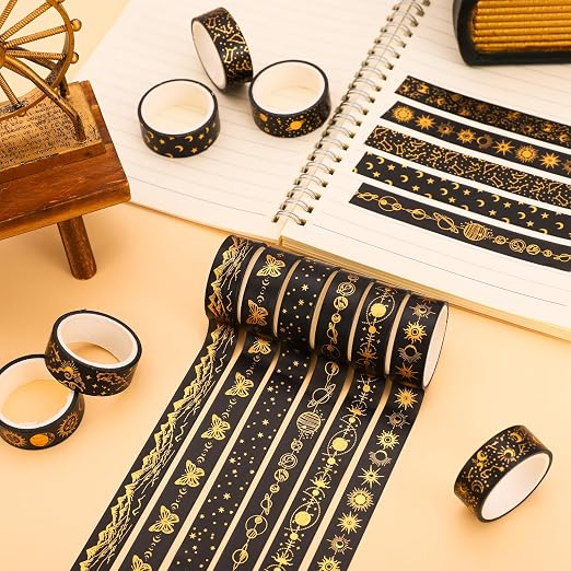 Whaline 12 Rolls Gold Foil Galaxy Washi Tape Black Gold Sun Moon Star Masking - Image 4