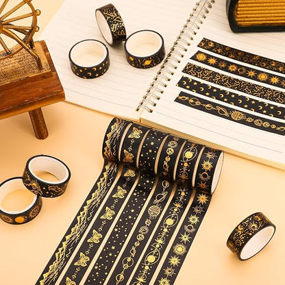 Whaline 12 Rolls Gold Foil Galaxy Washi Tape Black Gold Sun Moon Star Masking - Image 4