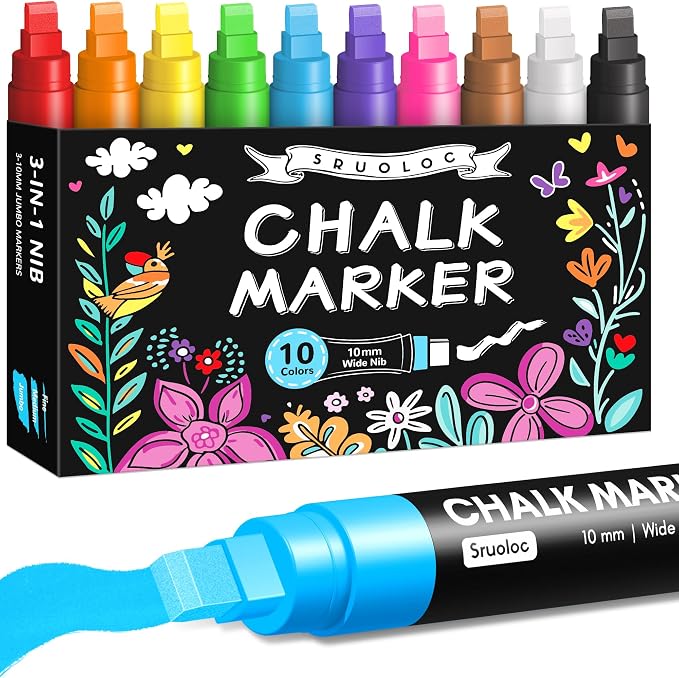 Window Chalk Markers for Glass Washable, 10 Colors Jumbo Liquid Chalk Marker by Sruoloc