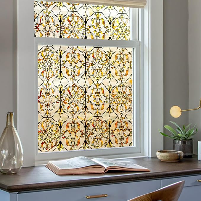 3D Stained Glass Window Privacy Film, Heat Control UV Blocking Static Cling by OHTMERU