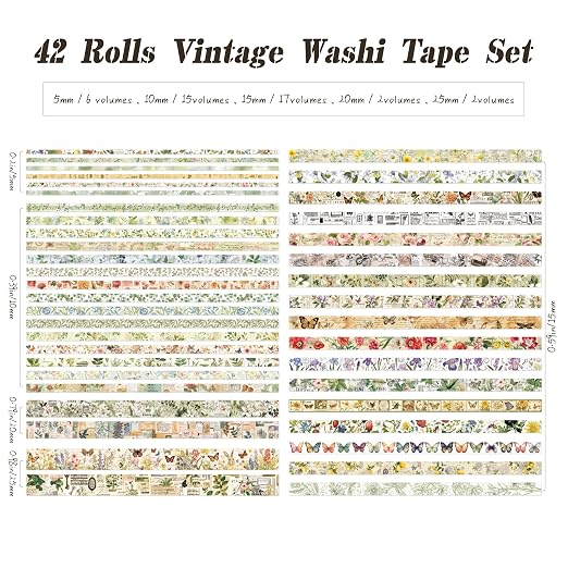 42 Rolls Vintage Washi Tape Set, Delicate Butterfly & Lush Floral Botanical - Image 2