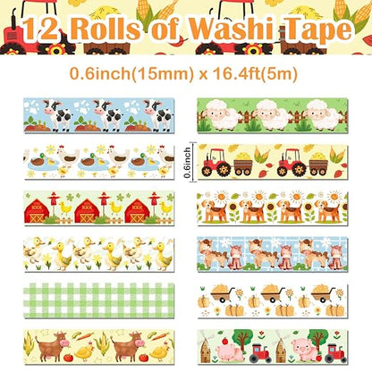 12 Rolls Farm Animals Washi Tape Set, Farmhouse Cow Sheep Pig Ducks Decorative - Image 2