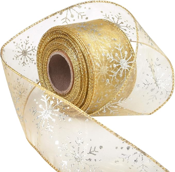 2.5 Inch Wide Christmas Wired Ribbon Snowflake Organza Sheer Glitter Ribbon by Livder