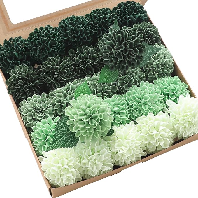 Floroom Artificial Dahlia Flowers 25pcs Real Looking Forest Green Shades Foam by Floroom