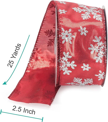 CT CRAFT LLC Red Metallic with Silver Glitter Snowflake Wired Ribbon 2.5 Inch x - Image 2
