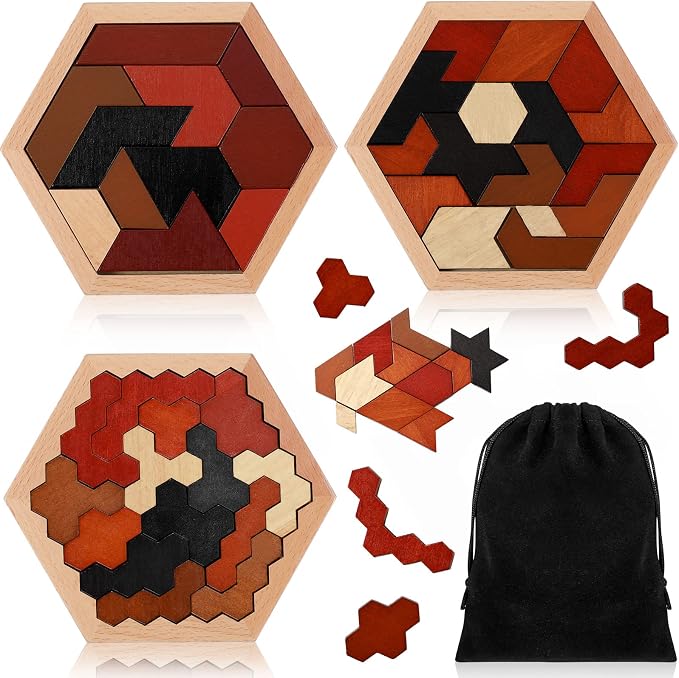 Yunsailing 3 Pack Hexagon Wooden Puzzle Wood Russian Blocks Tangram Puzzle by Yunsailing