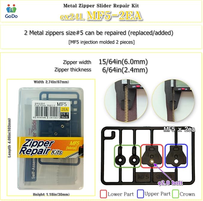 GODO MF5-2EA Metal Zipper Slider Repair Replacement Kits - Image 2