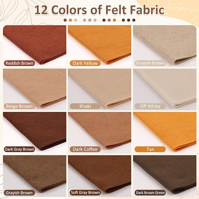 XSEINO 12 Rolls 8"x35" 1.4mm Thick Soft Felt Fabric Sheet 12 Assorted Brown - Image 2