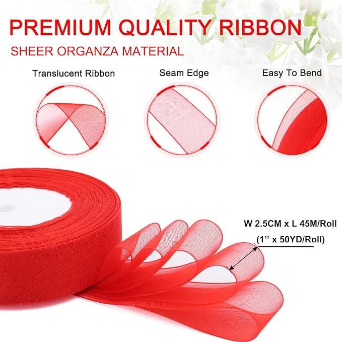 Red Ribbon for Gift Wrapping, 1 inch 50Yard Sheer Organza Tulle Ribbon for - Image 2