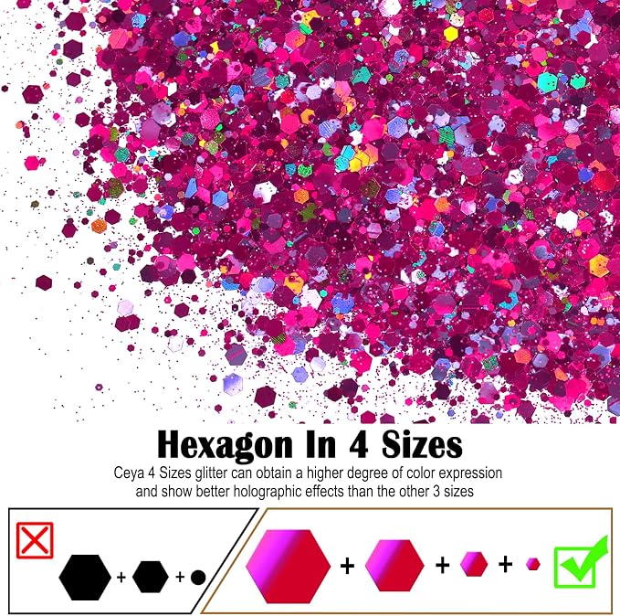 Ceya Holographic Chunky Glitter, 4.9oz/ 140g Fuchsia Craft Glitter Powder Mixed - Image 2