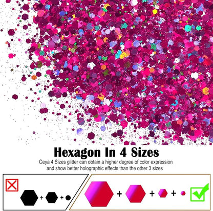 Ceya Holographic Chunky Glitter, 4.9oz/ 140g Fuchsia Craft Glitter Powder Mixed - Image 2