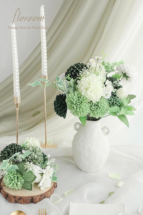Floroom Artificial Dahlia Flowers 25pcs Real Looking Forest Green Shades Foam - Image 2