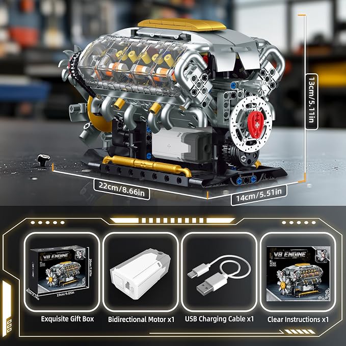 V8 Engine Building Kit for Adults, Build Your Own MOC Mini V8 Engine Model Toy - Image 7