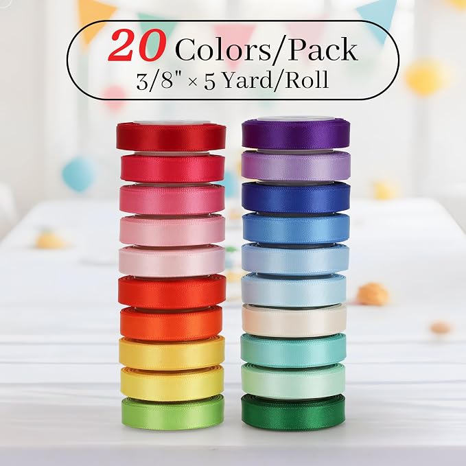 Rainbow Satin Ribbon Set – 20 Colors, 3/8" x 5 Yards Each, 100 Yards Total - Image 2
