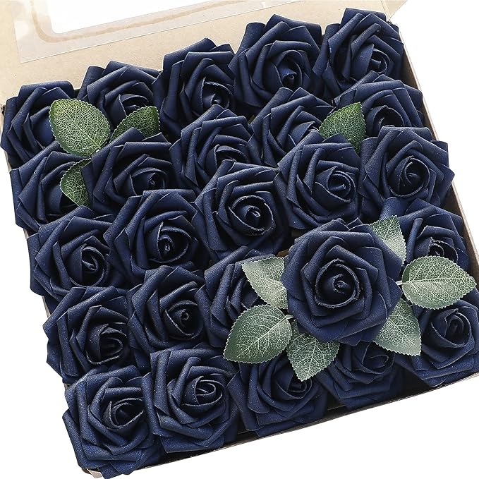 Floroom Artificial Flowers 25pcs Real Looking Navy Blue Foam Fake Roses by Floroom
