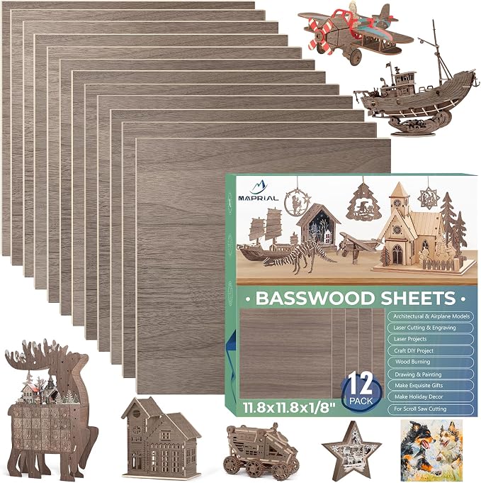 12 Pack 12x12x1/8 Inch Walnut Basswood Sheets, MAPRIAL Smooth 3mm Plywood by MAPRIAL