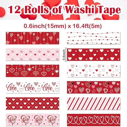 12 Rolls Love Heart Washi Tape Set, Wedding Party, Junk Journal, Scrapbooking - Image 2