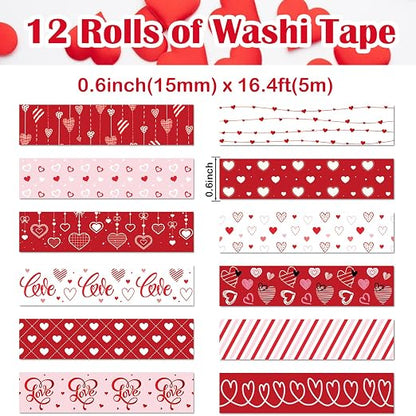 12 Rolls Love Heart Washi Tape Set, Wedding Party, Junk Journal, Scrapbooking - Image 2