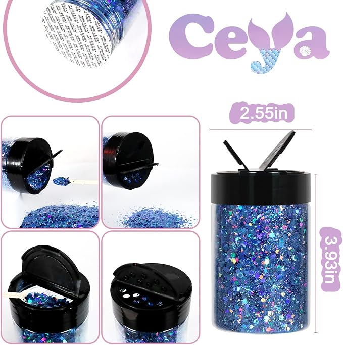 Ceya Holographic Chunky Glitter, 4.9oz/ 140g Blue Craft Glitter Powder Mixed - Image 4