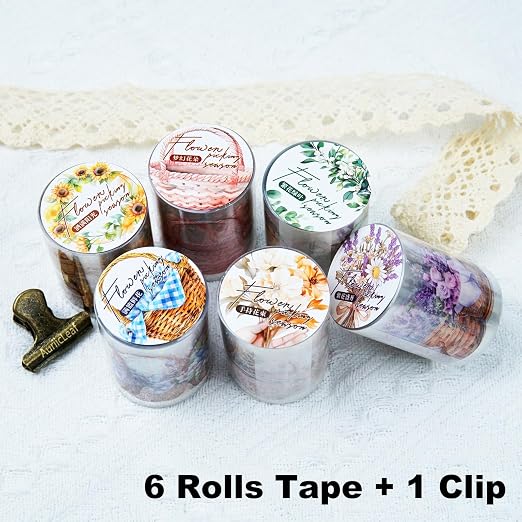 Flower Basket PET Tape Set, 6 Rolls Pre-Cut Vintage Floral Scrapbook Supplies - Image 2