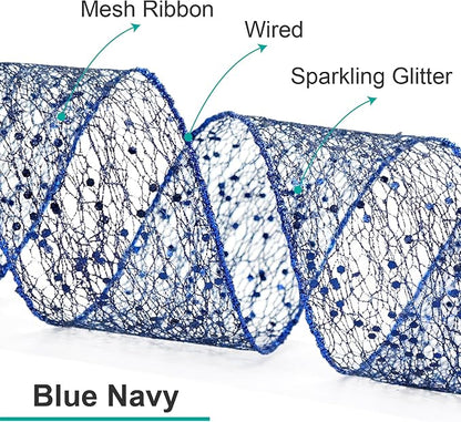 CT CRAFT LLC Sparkling Glitter Mesh Wired Ribbon 2.5" x 20 Yards Blue Navy - Image 3