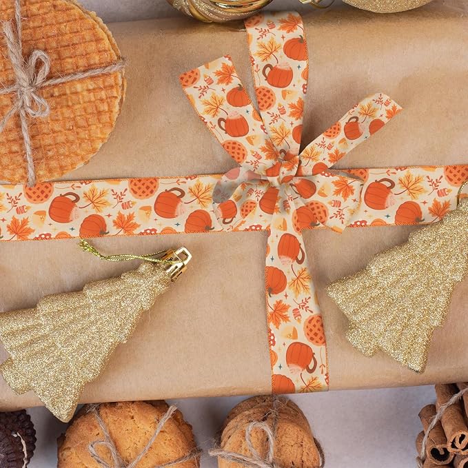 2 Rolls Fall Pumpkins Ribbons for Bows, Thanksgiving Wired Edge Ribbon Autumn - Image 4
