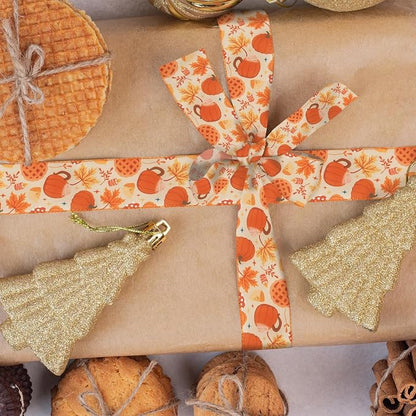 2 Rolls Fall Pumpkins Ribbons for Bows, Thanksgiving Wired Edge Ribbon Autumn - Image 4