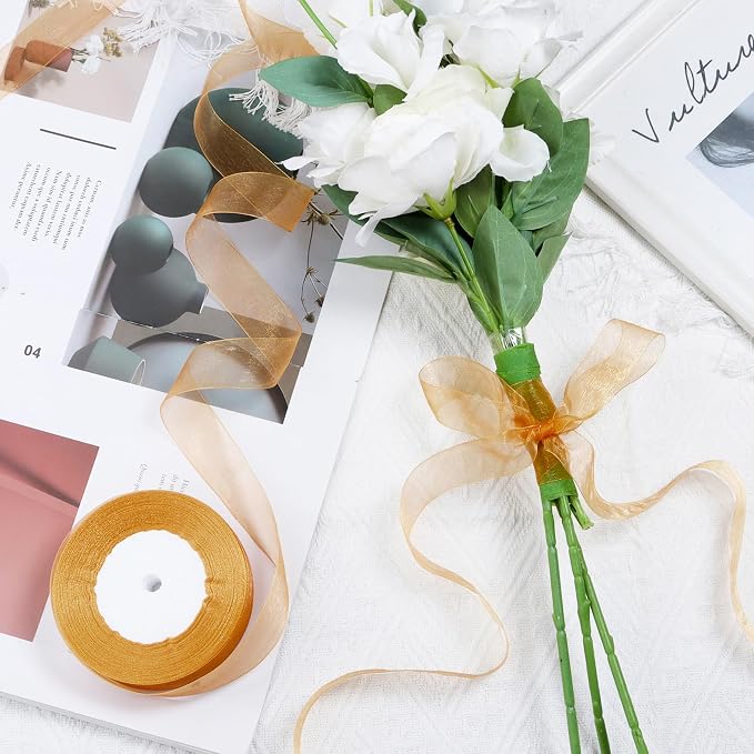 Ribbon for Gift Wrapping 3/4 inch Gold Sheer Organza Ribbon for Flower Bouquet - Image 4