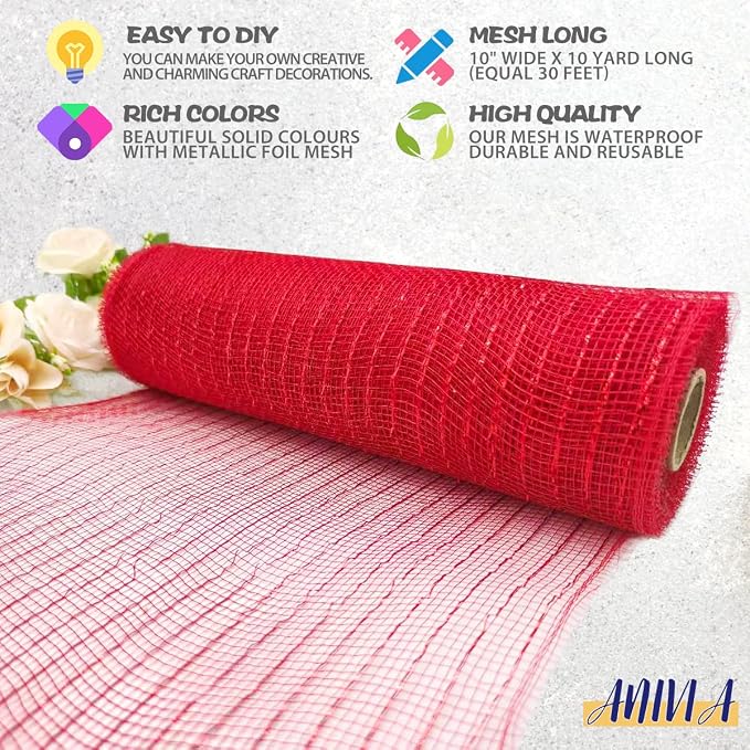 Anivia Deco Mesh Ribbon, 10inch x 30 Feet Each Roll Metallic Foil Mesh Ribbon - Image 3