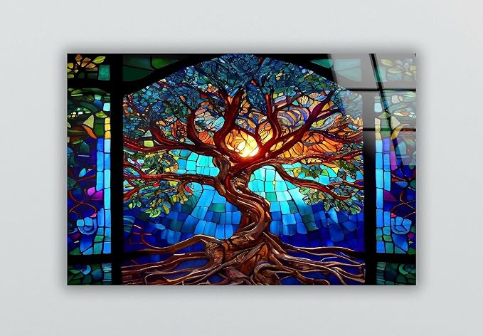 My Photostation.com 35.5Wx30H'' Stained Blue Life of Tree Glass Wall - Image 3