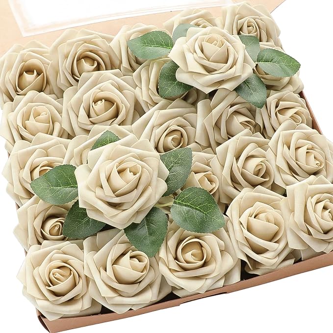 Floroom Artificial Flowers 25pcs Real Looking Beige Foam Fake Roses by Floroom