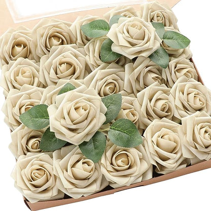 Floroom Artificial Flowers 25pcs Real Looking Beige Foam Fake Roses by Floroom
