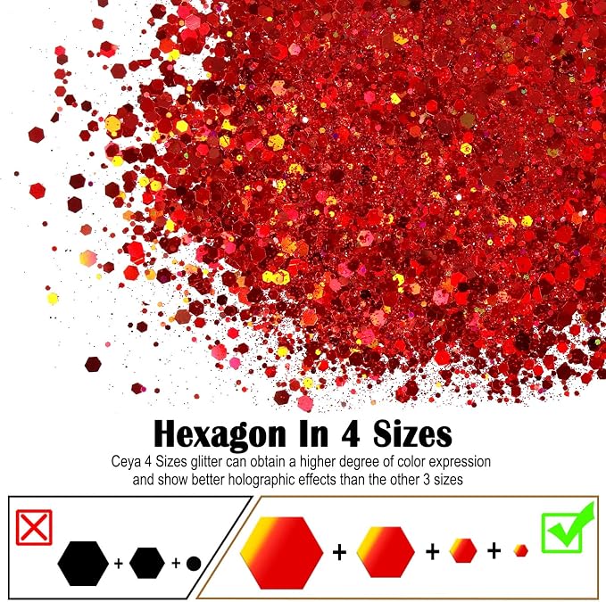 Ceya Holographic Chunky Glitter, 1 LB/ 16OZ Laser Red Bulk Craft Glitter Mixed - Image 2