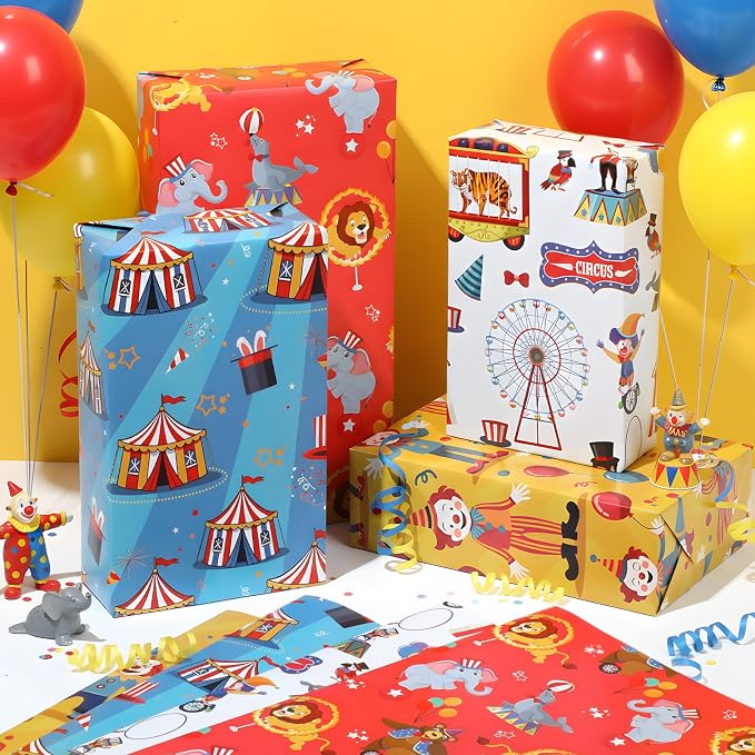 Pineraap 12 Sheets Circus Wrapping Paper, Cute Circus Acrobatic Clown Ferris - Image 4