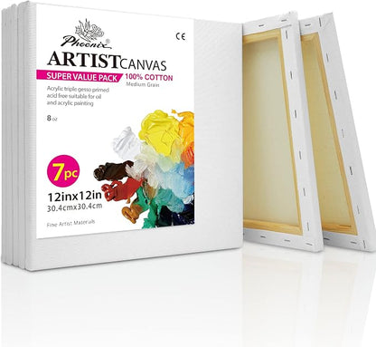 PHOENIX Stretched Canvas for Painting 12x12 Inch/7 Value Pack, 8 Oz Triple by PHOENIX