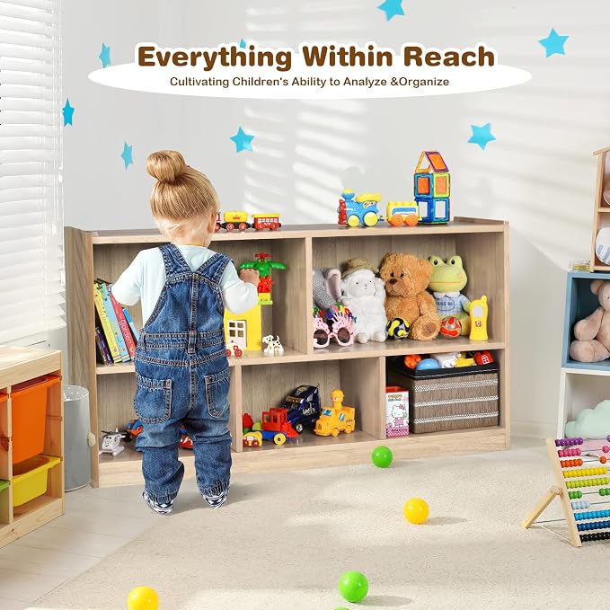 KOTEK Kids Storage Organizer, 5 Cubby Kids Bookshelf, Wooden 2-Layer Bookcase - Image 5