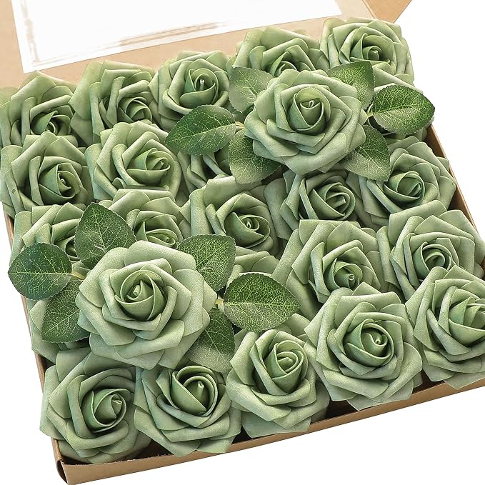 Floroom Artificial Flowers 50pcs Real Looking Elf Green Foam Fake Roses by Floroom