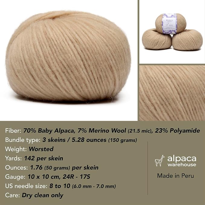 Pullu - Baby Alpaca Merino Wool Yarn Set of 3 Skeins Worsted Weight - Sourced - Image 3