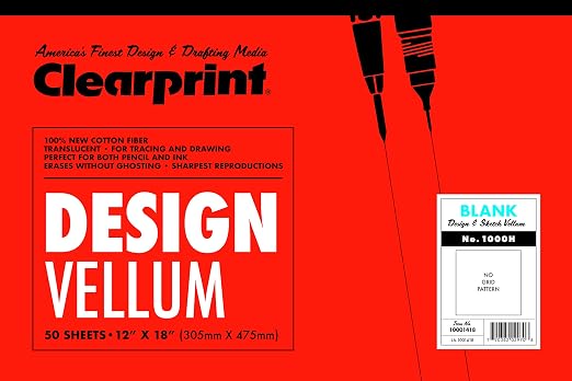 Clearprint 12" x 18" 1000H Design Vellum Pad, 16 lb., 100% Cotton, 50 Sheets by Clearprint