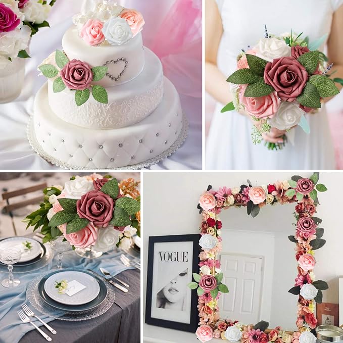 AmyHomie Artificial Flower Shades of Rose 25pcs Real Looking Fake Roses w/Stem - Image 5
