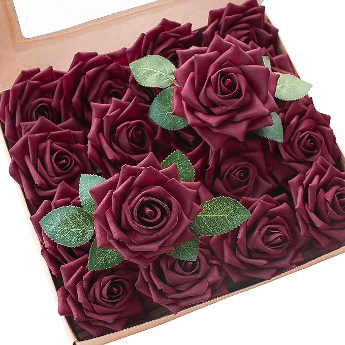 Floroom Artificial Flowers 16pcs 3.5" Real Looking Burgundy Foam Fake Hybrid by Floroom