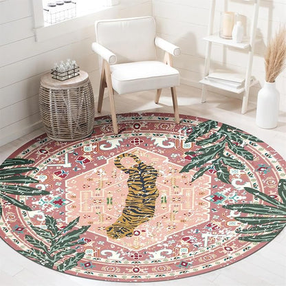 Washable Pink Rugs Thin Oriental Boho Vintage Cute Tropical Leopard 6ft Round by Aldopein