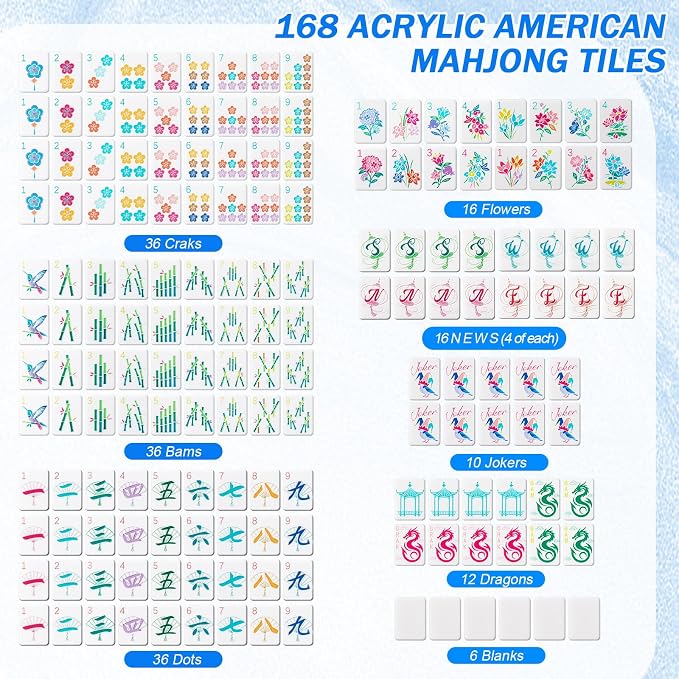 American Mahjong Set 168 Blossom Acrylic Numbered Tiles, 4 All-in-One - Image 2