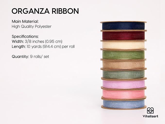 Vitalizart 3/8" x 90 Yards Organza Ribbon Pastel Color 9 Rolls x 10 Yd Sheer - Image 2