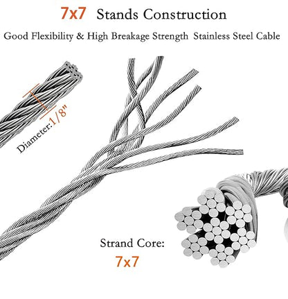 1/8 Inch Stainless Steel Wire Rope Cable Kit, 100 ft Length 1/8“ Wire Cable 7x7 - Image 2