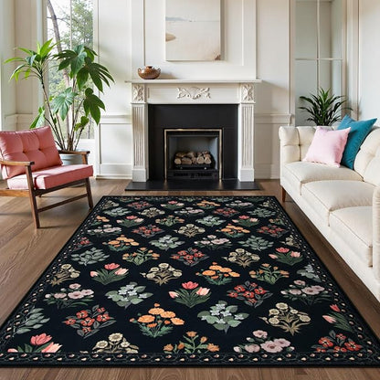 Wonnitar Floral Print 8x10 Washable Rug, Non Slip Black Dining Room Rug - Image 6