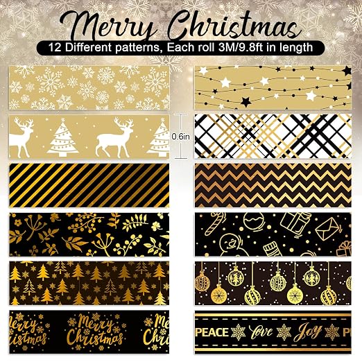 Whaline 12 Rolls Christmas Washi Tape Black Gold Xmas Washi Masking Tape Foil - Image 2
