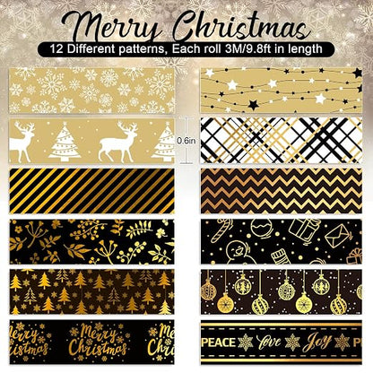 Whaline 12 Rolls Christmas Washi Tape Black Gold Xmas Washi Masking Tape Foil - Image 2