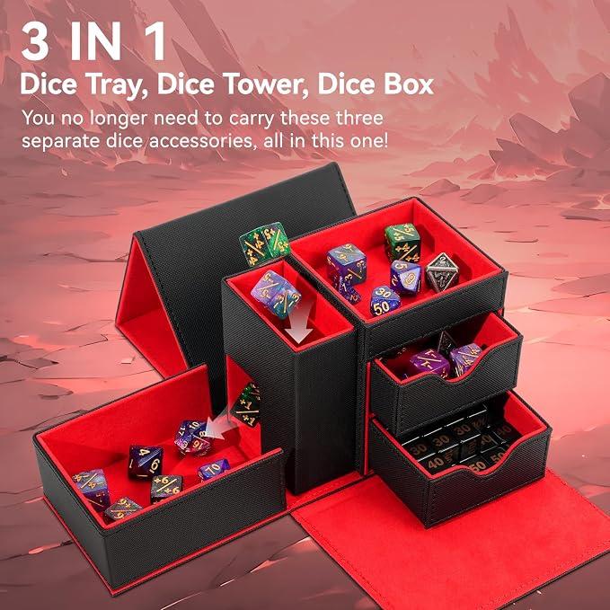 Dice Tray & Dice Tower Storage Box, 3 in 1 Dice Holder Case, Leather Magnetic - Image 2